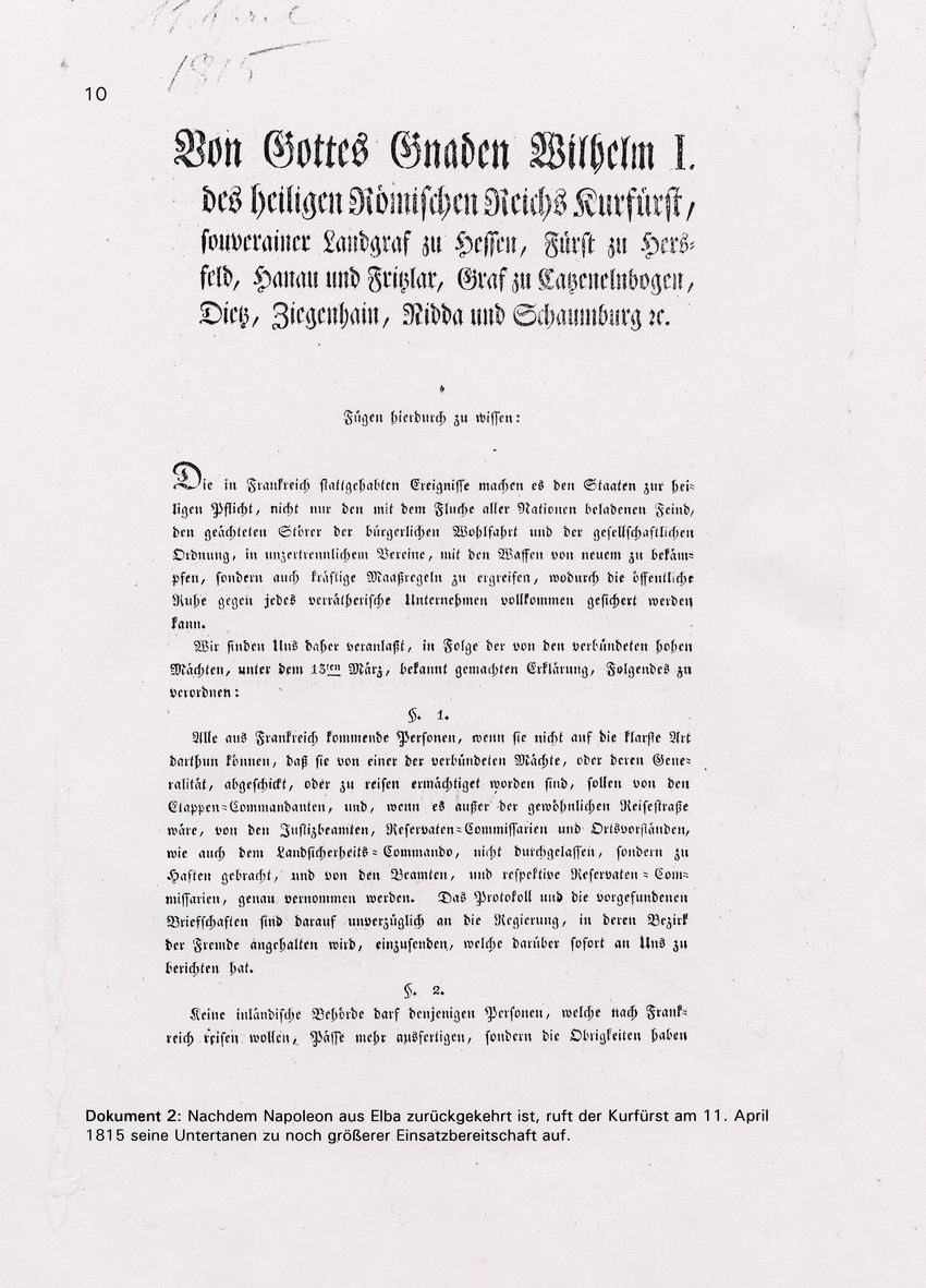 Verordnung des Kurfürsten Wilhelm I. (1743-1821) über Maßnahmen gegenüber Sympathisanten Napoleons anlässlich dessen Rückkehr aus Elba, 11. April 1815