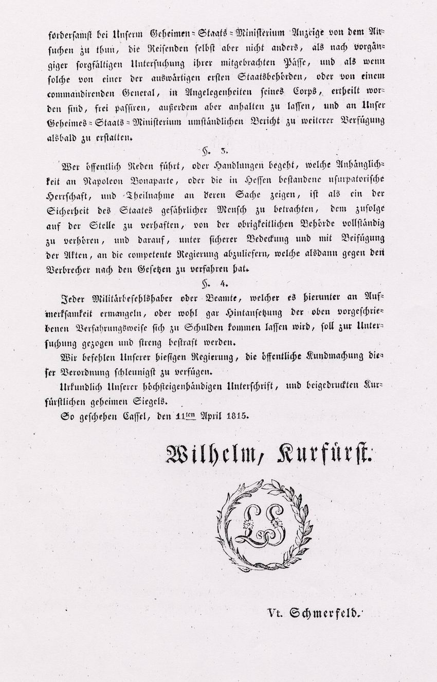 Verordnung des Kurfürsten Wilhelm I. (1743-1821) über Maßnahmen gegenüber Sympathisanten Napoleons anlässlich dessen Rückkehr aus Elba, 11. April 1815