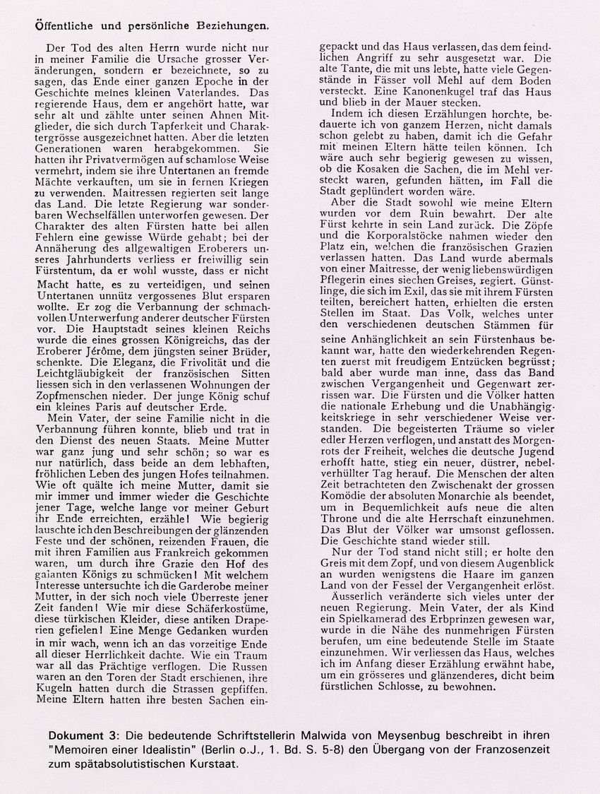 Auszug aus der Autobiografie von Malwida von Meysenbug (1816-1904) über die Übergangszeit zwischen dem Ende des Königreichs von Westfalen und der Restauration in Kur-Hessen, 1876


