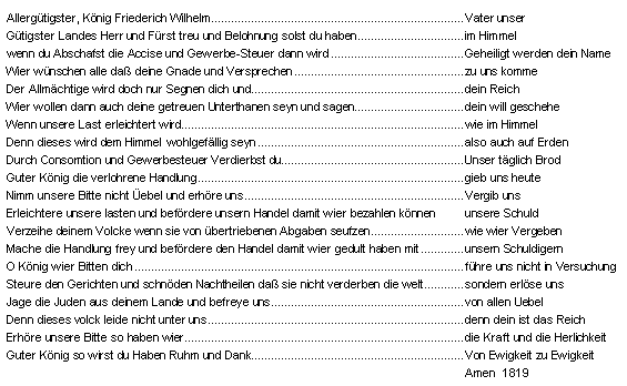Aktenvermerk der Kurfürstlichen Polizei-Direktion Frankenberg mit Abdruck des "preußischen Vaterunsers“, 15. Mai 1819