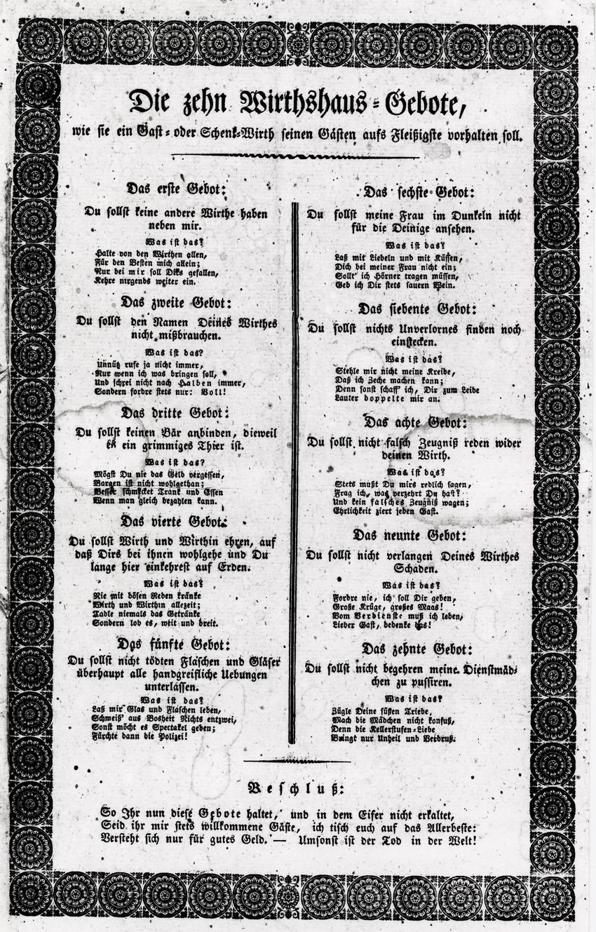 Flugblatt „Die zehn Wirtshaus-Gebote“, um 1819