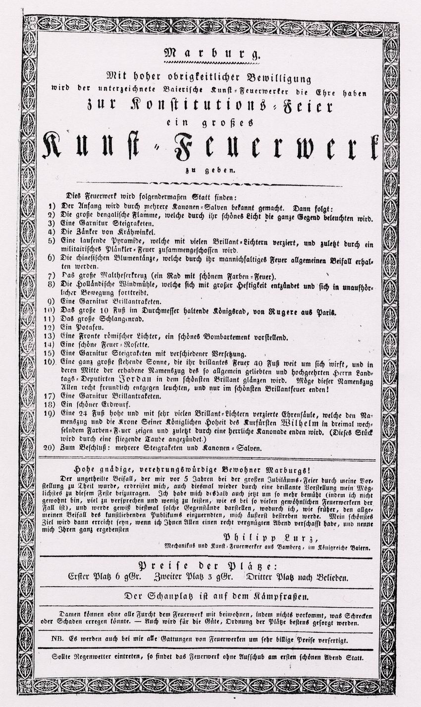 Plakat zur Feier der Kurhessischen Verfassung mit Feuerwerk in Marburg als Begrüßung für den Mitverfasser Sylvester Jordan, 1832