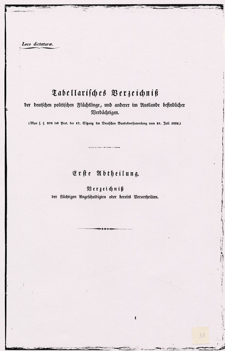 Auszug aus der Fahndungsliste des Deutschen Bundes über deutsche politische Flüchtlinge, 21. Juli 1838