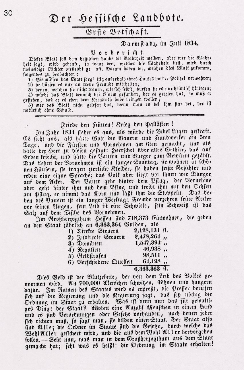 Flugschrift „Der Hessische Landbote“ (Erste Botschaft) von Georg Büchner und Friedrich Ludwig Weidig, Juli 1834