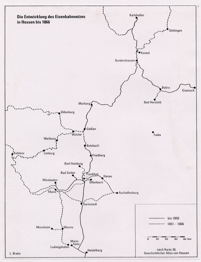 Karte über die Entwicklung des Eisenbahnnetzes in Hessen bis 1866