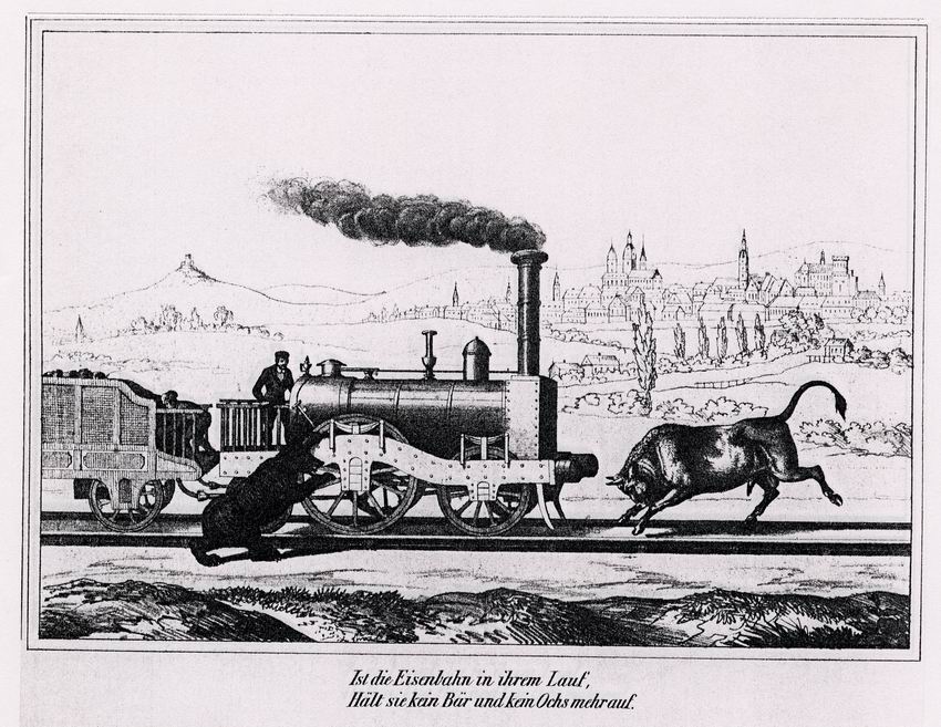 Karikatur auf die Abgeordneten Bähr und v. Ochs und deren ablehnende Haltung gegenüber dem Eisenbahnbau, 1844