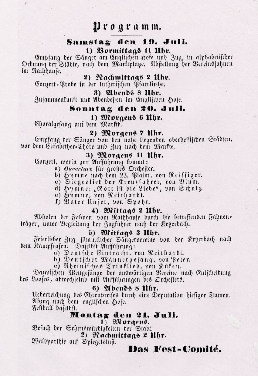 Programmheft des Sängerfestes in Marburg mit Liedtexten, 19.-21. Juli 1845