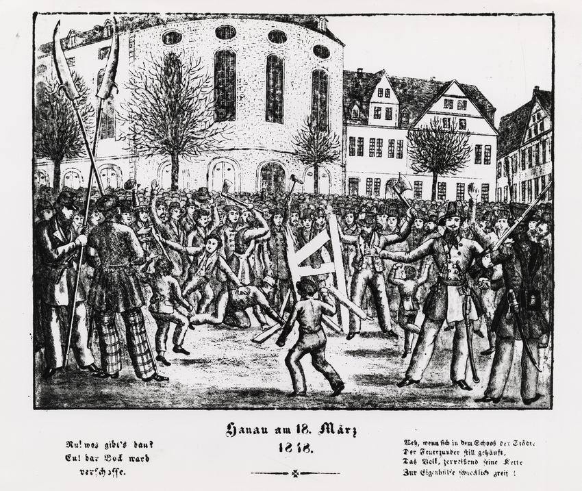 Historisches Ereignisbild über den Kampf der Hanauer Revolutionäre für ihre Rechte. Druckgrafik, 18. März 1848