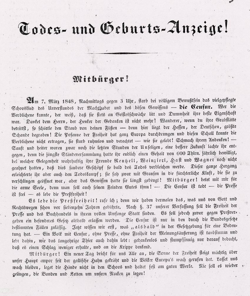 Flugblatt zur Aufhebung der Zensur und Einführung der Pressefreiheit, 10. März 1848