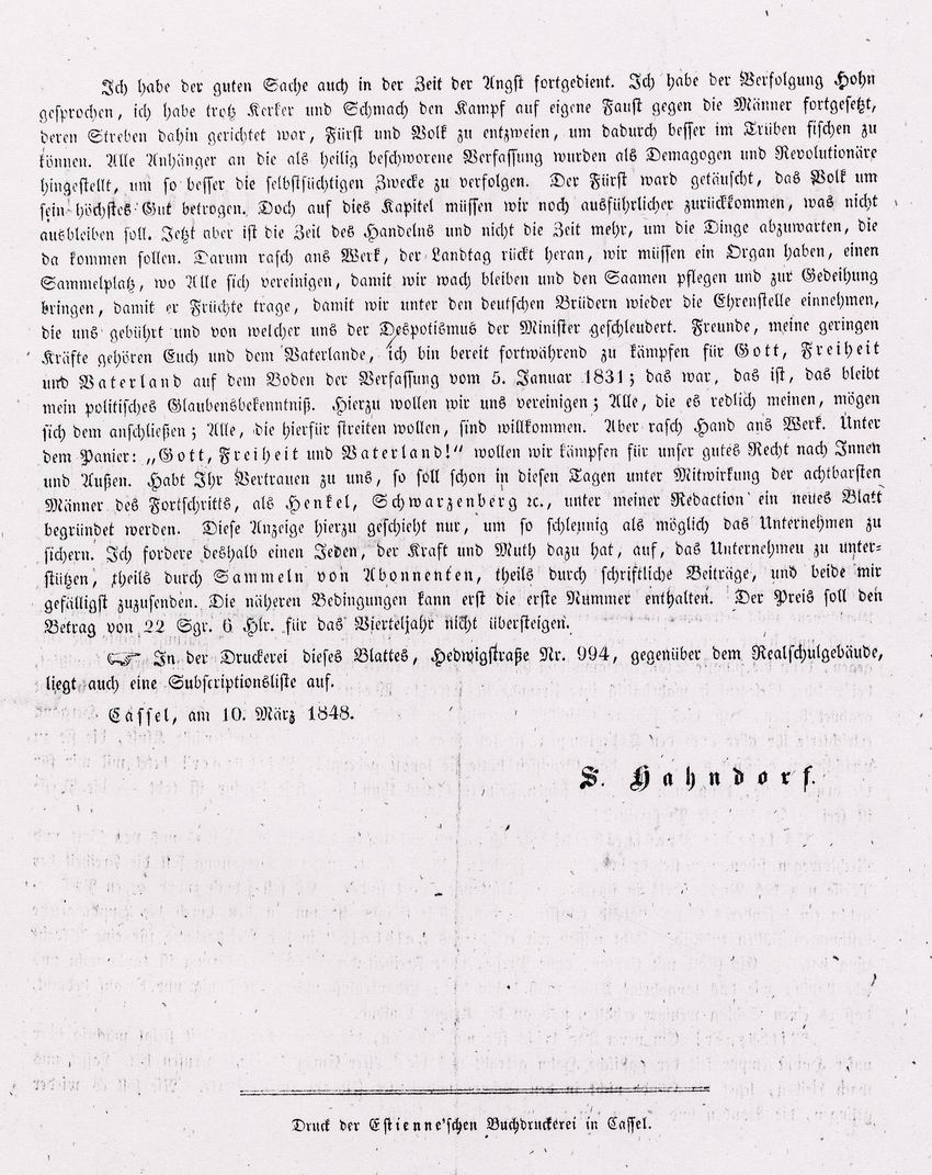Flugblatt zur Aufhebung der Zensur und Einführung der Pressefreiheit, 10. März 1848