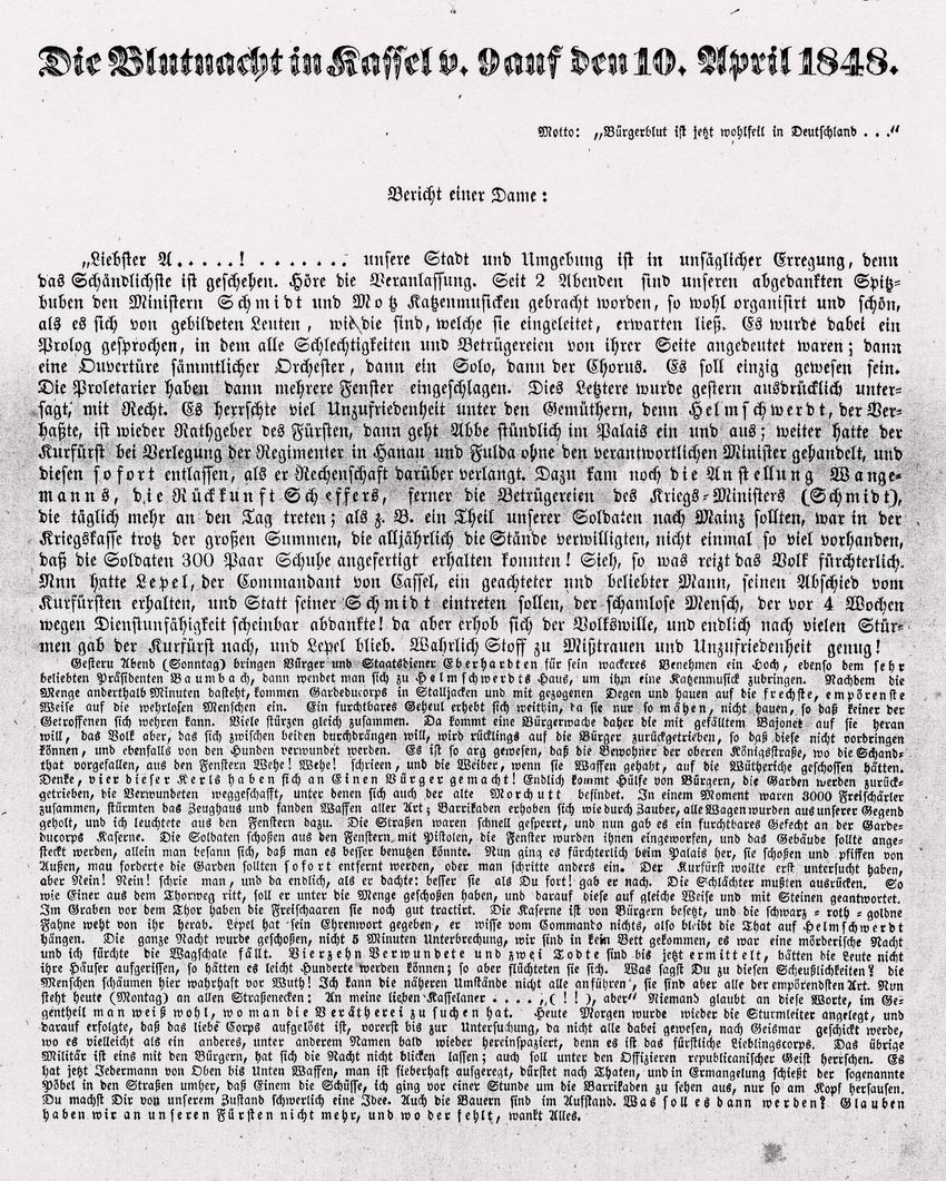 Bericht einer unbekannten Augenzeugin über die Erstürmung des Zeughauses von Kasseler Bürgern am  9./10. April 1848