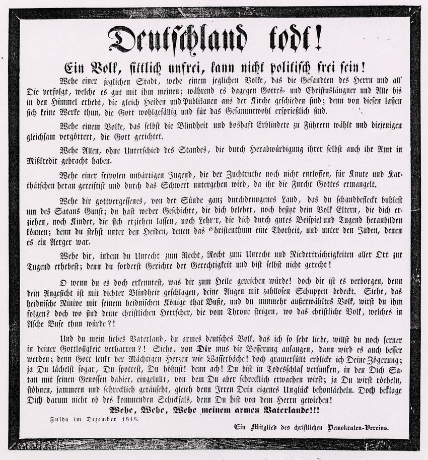 Flugblatt eines Mitglieds des christlichen Demokraten-Vereins Fulda als Reaktion auf die revolutionären Ereignisse, Dezember 1848
