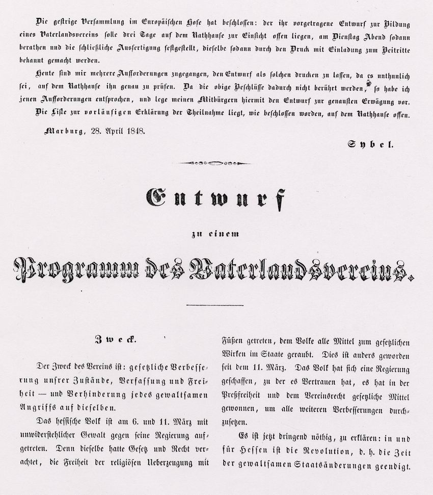 Entwurf des Parteiprogramms des Vaterlandsvereins mit Statuten von Heinrich Sybel, 28. April 1848