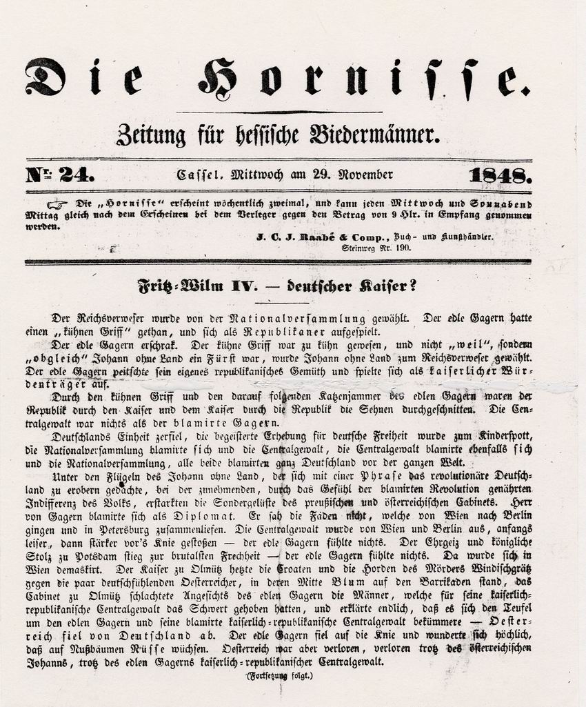 Auszug aus einem Zeitungsartikel der satirischen Zeitschrift "Die Hornisse" über die Frage des Kaisertums des preußischen Königs Friedrich Wilhelm IV., 29. November 1848