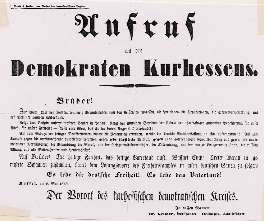 Plakat mit Aufruf an die Demokraten Kurhessens zur Rettung der deutschen Freiheit, 8. Mai 1849