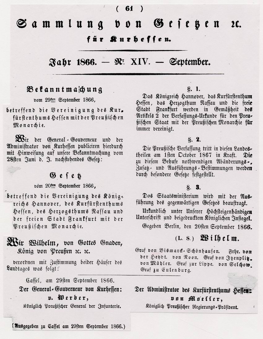 Bekanntmachung des Gesetzes über die Vereinigung des Kurfürstentums Hessen mit der Preußischen Monarchie, 29. September 1866