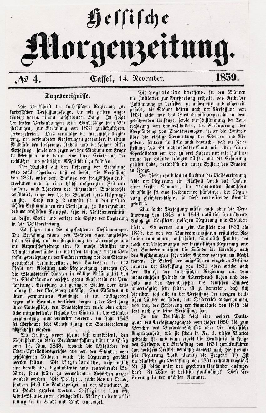 Auszug aus einem Zeitungsartikel der propreußischen Hessischen Morgenzeitung über die Annexion Hessens durch Preußen, 8. Oktober 1866