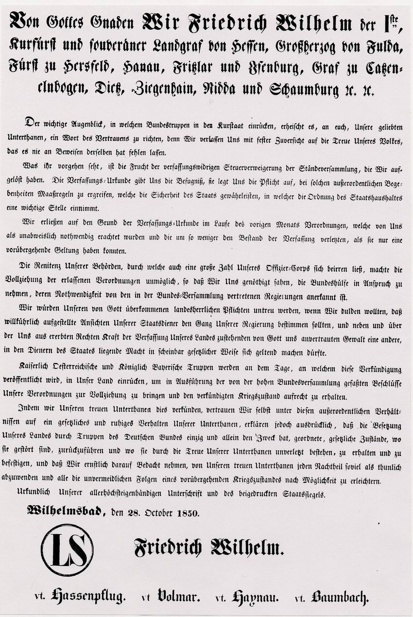 Proklamation des Kurfürsten Friedrich Wilhelm I. von Hessen über die Besetzung Hessens durch Truppen des Deutschen Bundes, 28. Oktober 1850