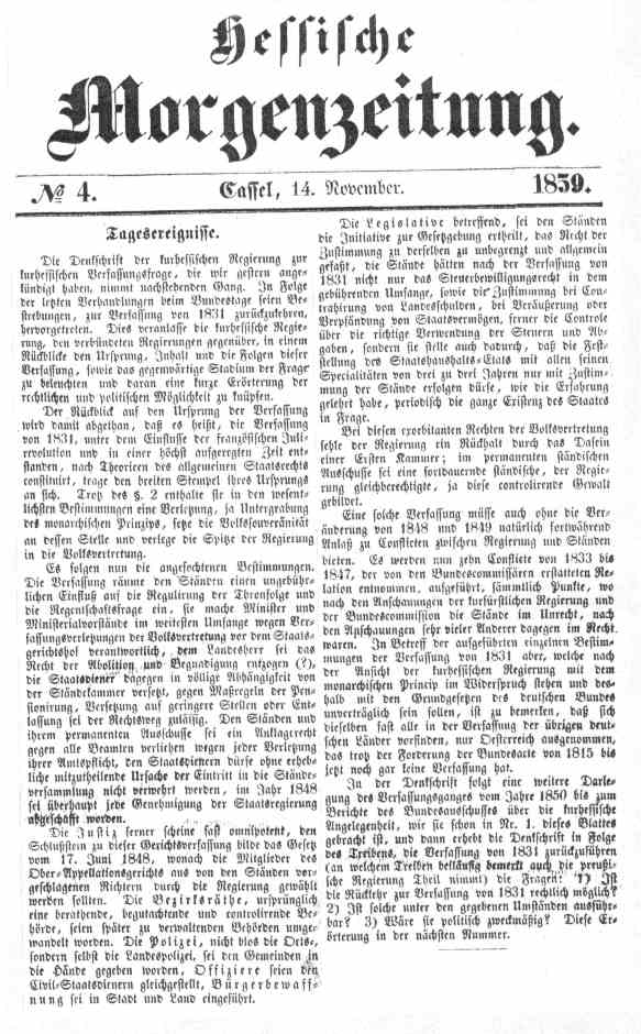 Zeitungsartikel aus der Hessischen Morgenzeitung über die kurhessische Verfassungsfrage, 14. November 1859