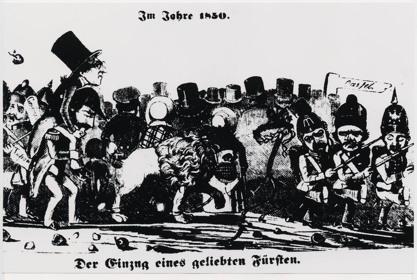 Karikatur über den reaktionären Kurs in der Politik des Kurfürsten Friedrich Wilhelm I. von Hessen mit Wiedereinsetzung des Ministers Hassenpflug, 1850