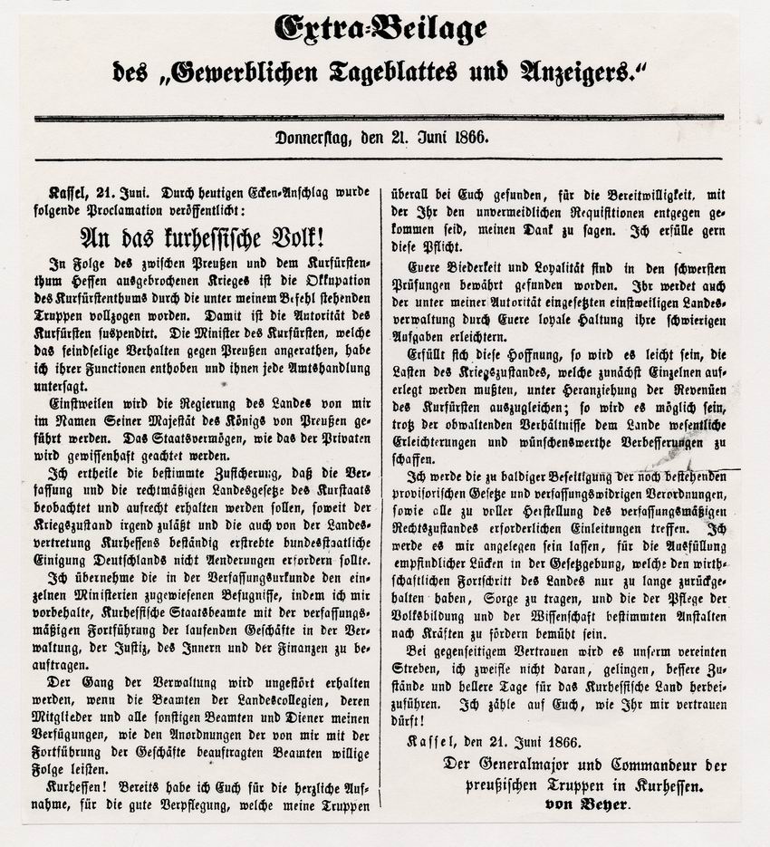 Zeitungsartikel des Gewerblichen Tageblattes mit der Proklamation des Kommandeurs der preußischen Truppen über die preußische Besetzung Kurhessens, 21. Juni 1866