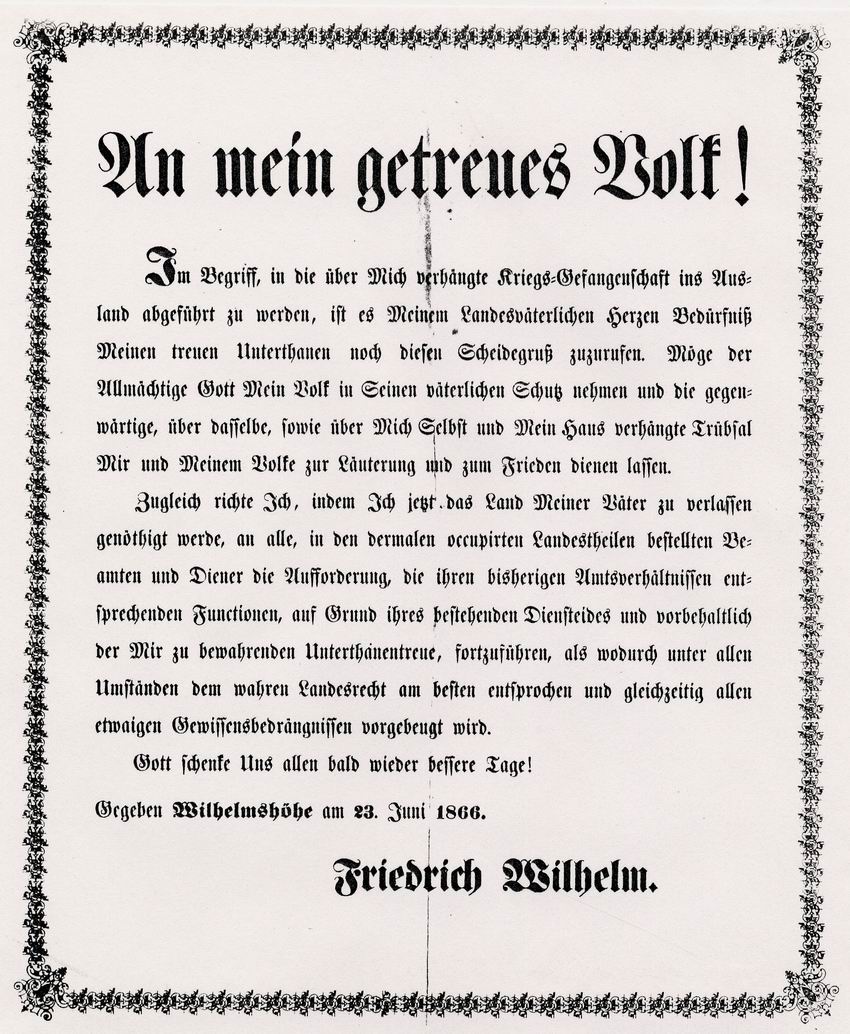 Proklamation des Kurfürsten Friedrich Wilhelm I. von Hessen zu seiner Abdankung, 23. Juni 1866