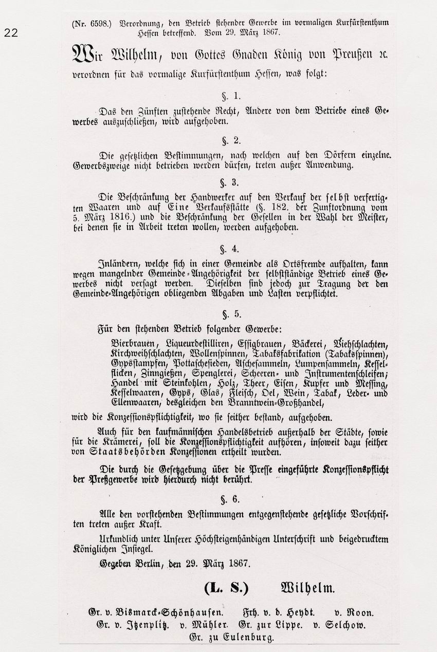 Gesetzesverordnung von König Wilhelm I. von Preußen über die Aufhebung der Zünfte, 29. März 1867