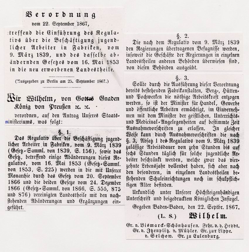 Verordnung (Regulativ) von König Wilhelm I. von Preußen über die Beschäftigung jugendlicher Arbeiter in Fabriken, 22. September 1867
