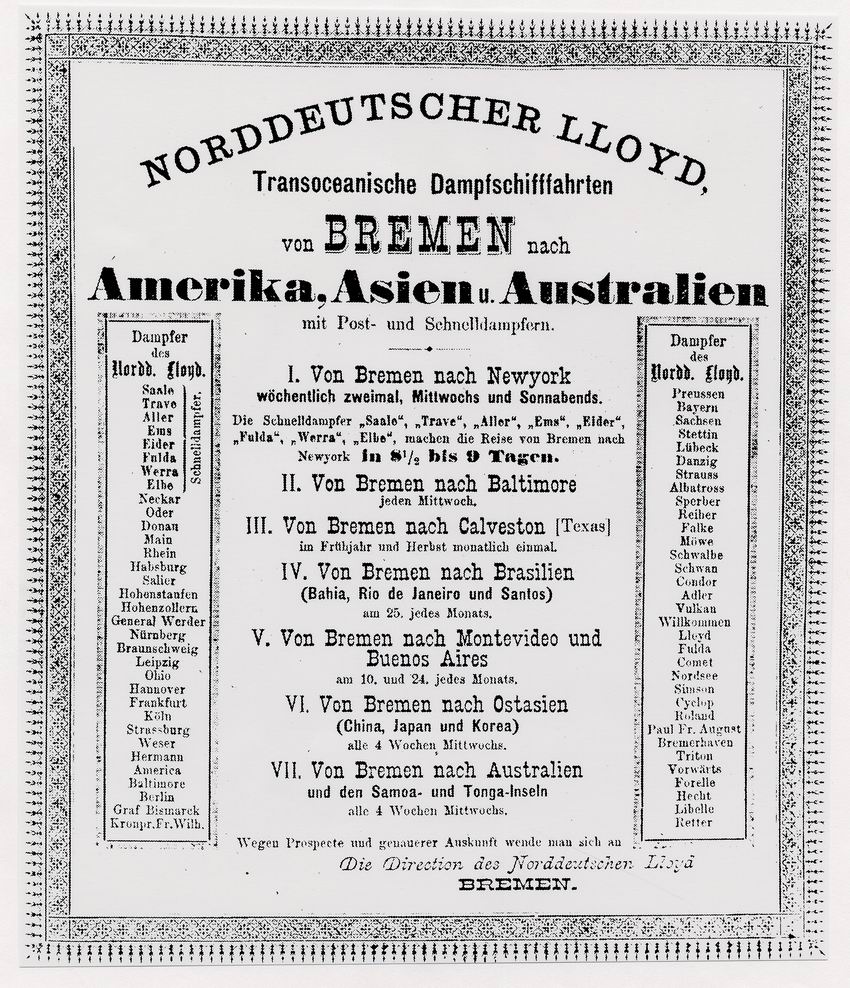 Anzeige des Norddeutschen Lloyd in Bremen über transozeanische Schiffspassagen, 1897