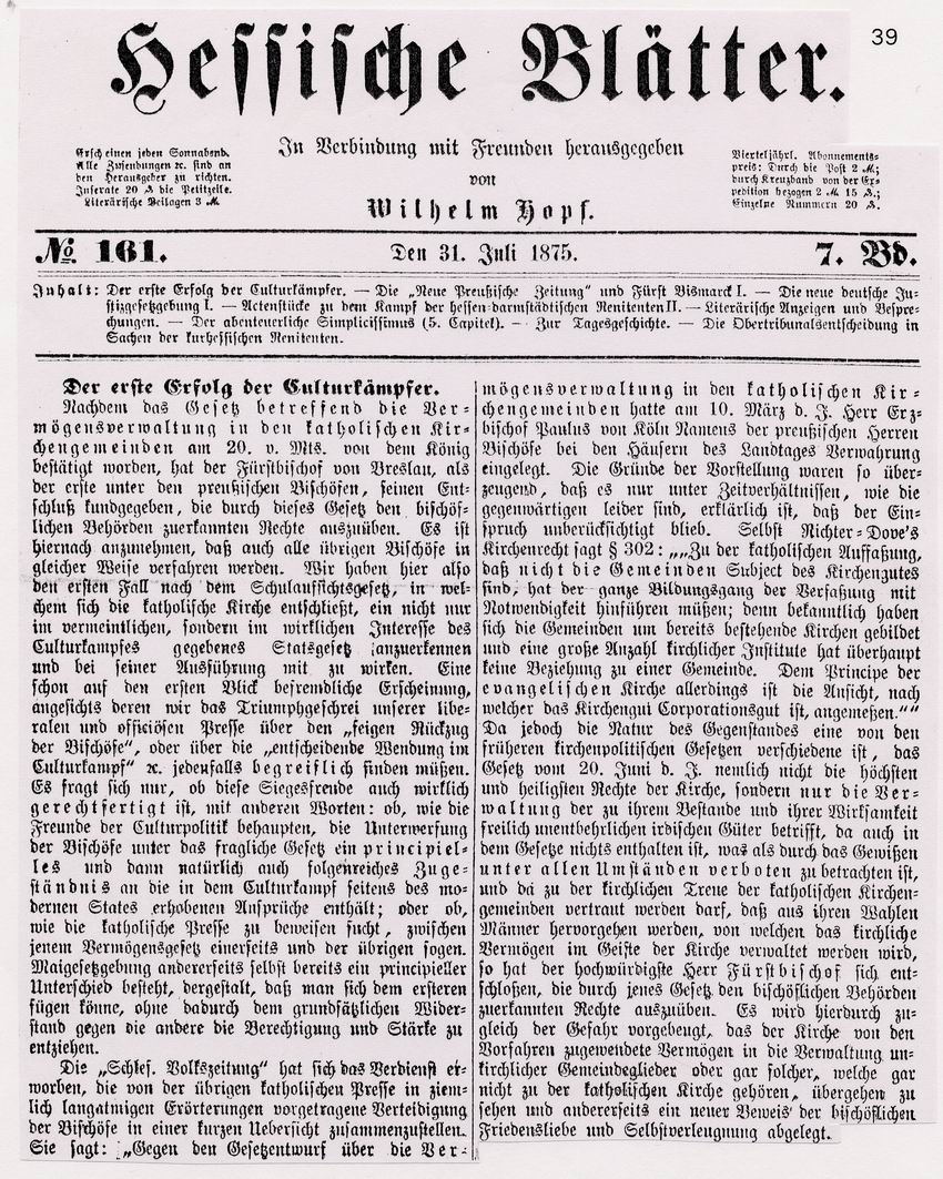 Artikel aus der Zeitschrift Hessische Blätter von Wilhelm Hopf zum Kulturkampf, 31. Juli 1875