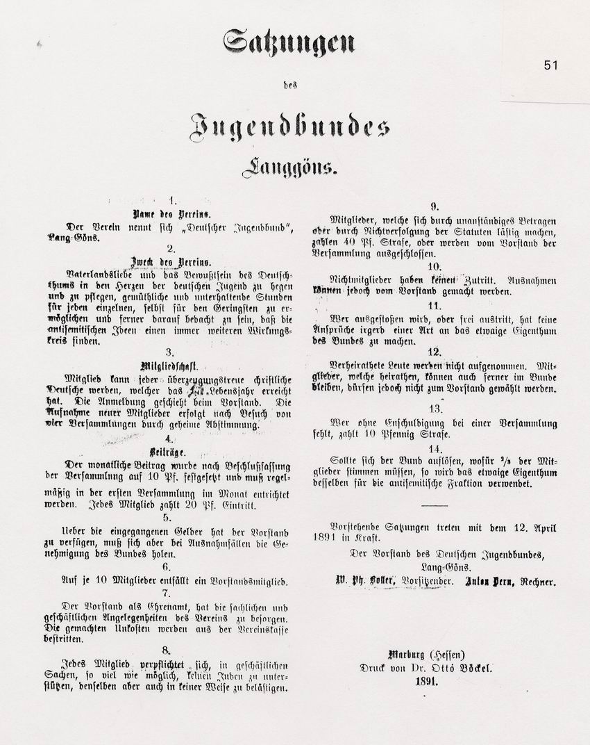 Bericht des Gendarmen Löbermann und des Bürgermeisters Muth in Fronhausen an den Landrat Lademann in Marburg über die Gründung eines antisemitischen Jugendbundes in Fronhausen, 24. Oktober 1891 und Satzung des Jugendbundes Langgöns von Otto Böckel, 1891