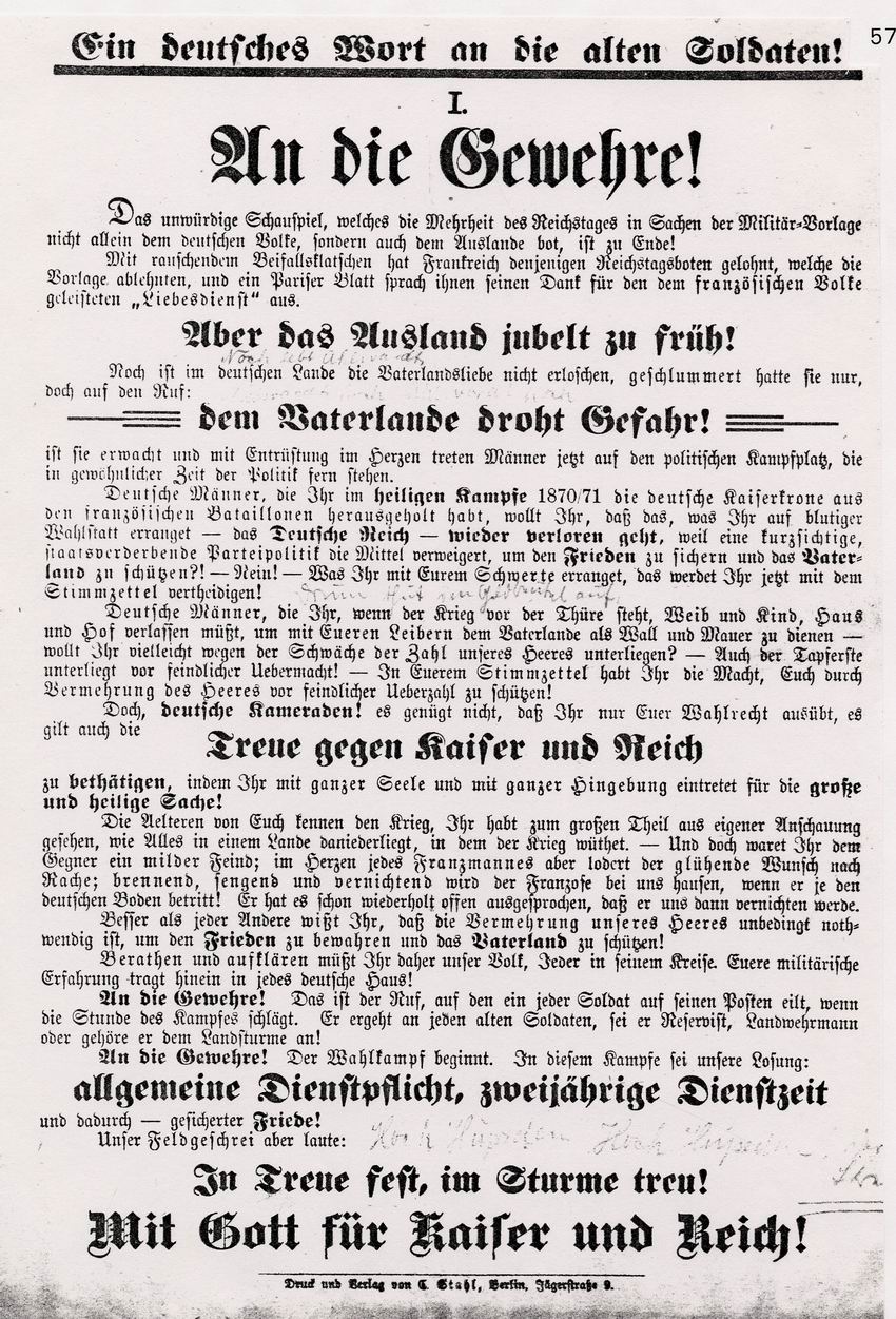Wahlplakat des SPD-Kandidaten Wilhelm Pfannkuch aus Kassel zur Reichstagswahl 1893 und Wahlplakat der Konservativen (Deutschkonservativen, Deutsch-soziale Partei, Bund der Landwirte) zur Reichstagswahl 1893