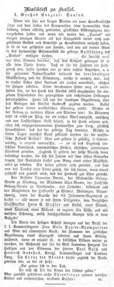 Anzeige und Auszug aus einem Zeitungsartikel der Hessischen Morgenzeitung über das große Musikfest in Kassel, 28/29. Juni 1885