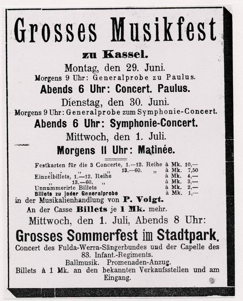 Anzeige und Auszug aus einem Zeitungsartikel der Hessischen Morgenzeitung über das große Musikfest in Kassel, 28/29. Juni 1885