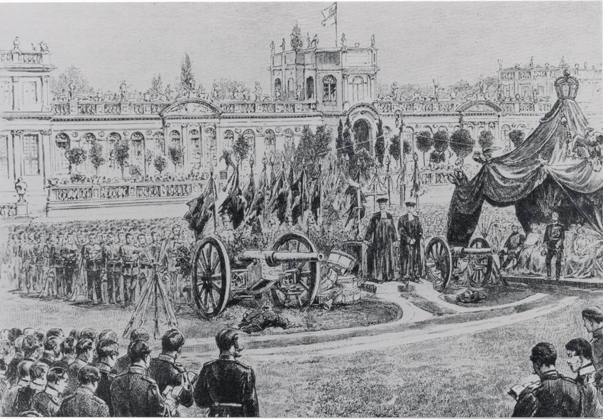 Abbildung  „Der Feldgottesdienst vor dem Orangerieschloss am 13. September“ mit Kaiser Wilhelm II. in Kassel. Holzstich nach einer Zeichnung von Theodor Rocholl, 1891