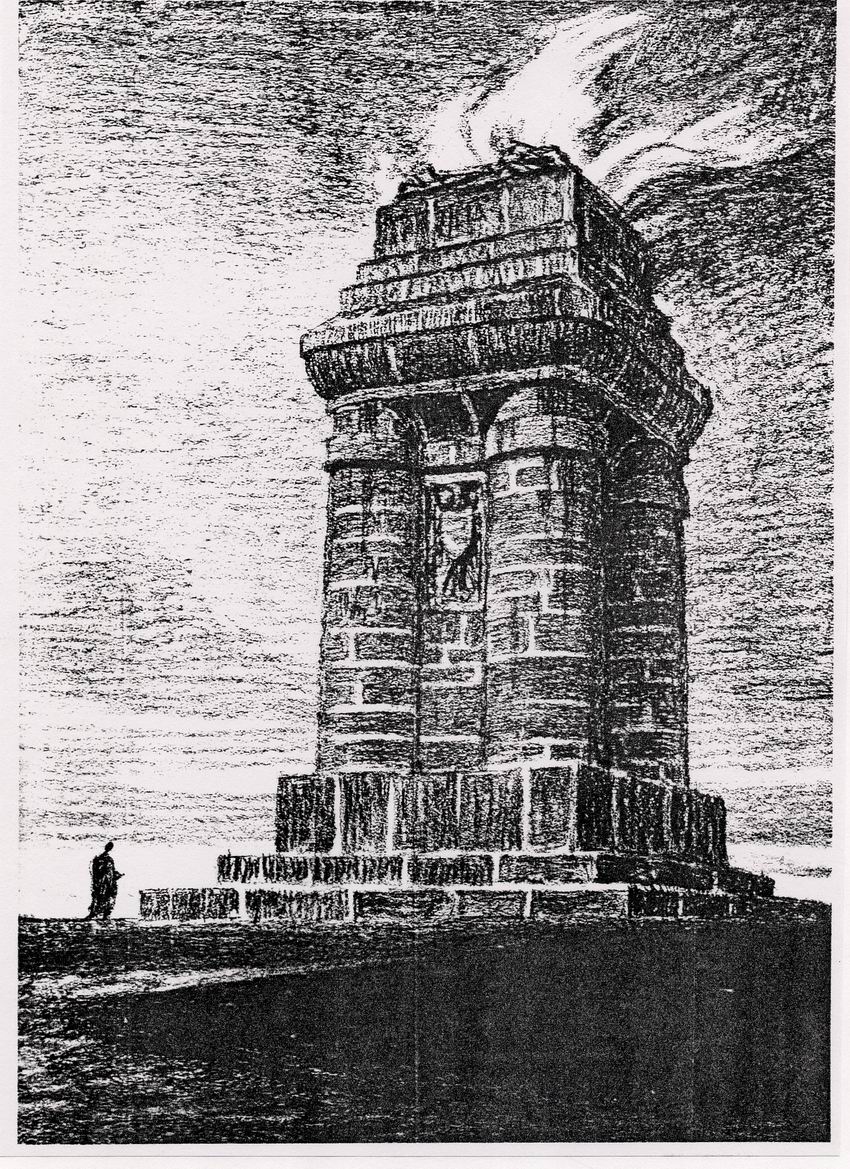 Skizze des Marburger Bismarckturm von Preisträger Architekt Wilhelm Kreis aus Dresden-Blasewitz, um 1900 und 
Plakat mit Aufruf der Marburger Studentenschaft zur Errichtung einer Bismarcksäule
