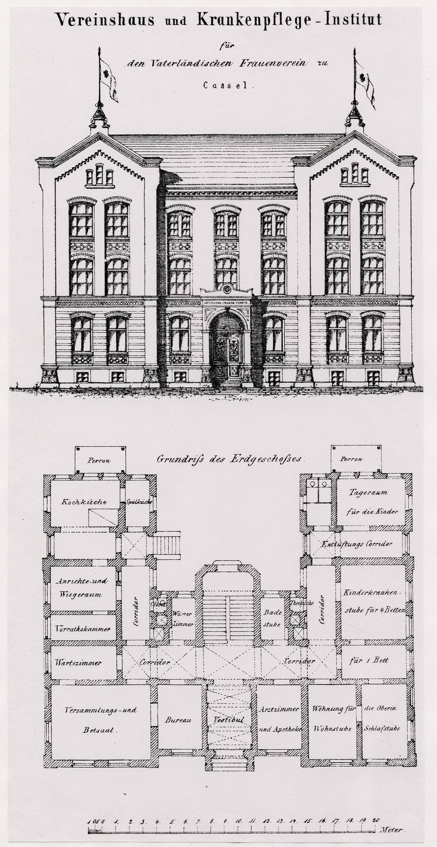 Schreiben des Innenministeriums mit Bestätigung der Statuten des Vaterländischen Frauenvereins in Kassel am 13. April 1881 durch Kaiser Wilhelm I., 3. Mai 1881 und
Zeichnung der Fassade und des Grundriss des Vereinshaus und Krankenpflege-Instituts für de