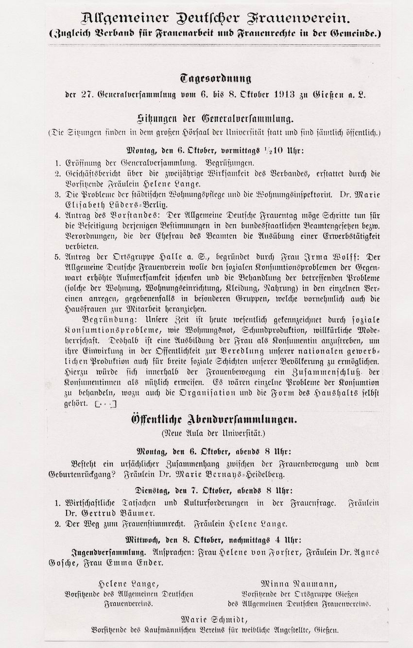 Auszug aus der Tagesordnung der Generalversammlung des Allgemeiner Deutschen Frauenvereins in Gießen vom  6.-8. Oktober 1913