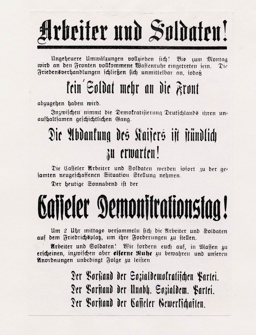 Plakat mit Aufruf der Sozialdemokratischen Partei, der Unabh. Sozialdem. Partei, der Kasseler Gewerkschaften zum Kasseler Demonstrationstag, Anfang November 1918