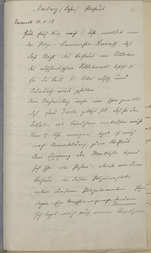 Zwei Aktenvermerke des Marburger Bürgermeisters Troje über die Aktionen des Soldatenrats in Marburg und über die Magistratssitzungen, 10. November 1918