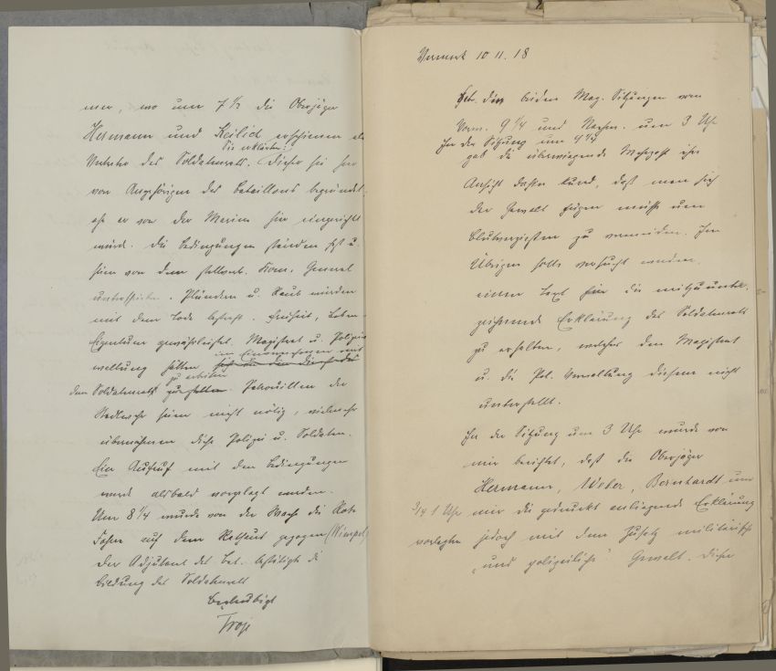 Zwei Aktenvermerke des Marburger Bürgermeisters Troje über die Aktionen des Soldatenrats in Marburg und über die Magistratssitzungen, 10. November 1918