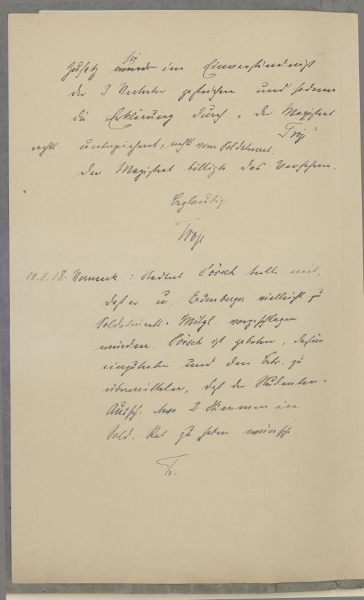 Zwei Aktenvermerke des Marburger Bürgermeisters Troje über die Aktionen des Soldatenrats in Marburg und über die Magistratssitzungen, 10. November 1918