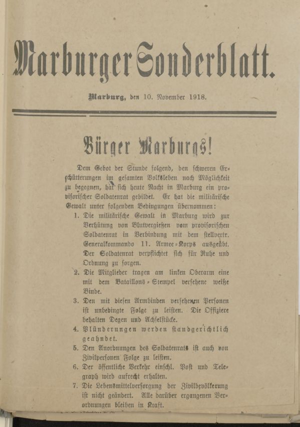 Plakatanschlag mit Aufruf des Soldatenrats an die Bürger Marburgs, 10. November 1918