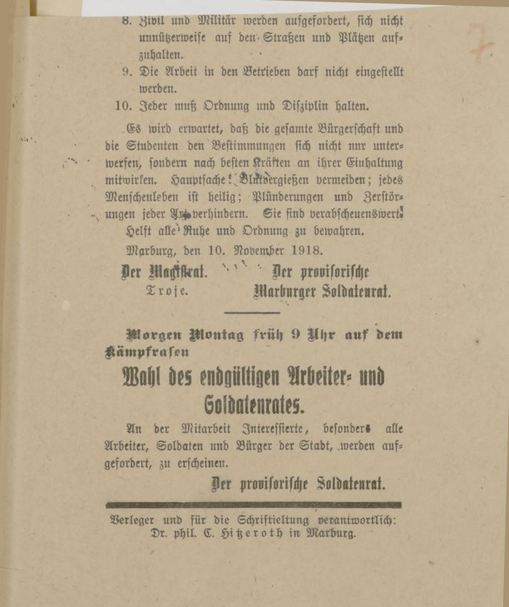 Plakatanschlag mit Aufruf des Soldatenrats an die Bürger Marburgs, 10. November 1918