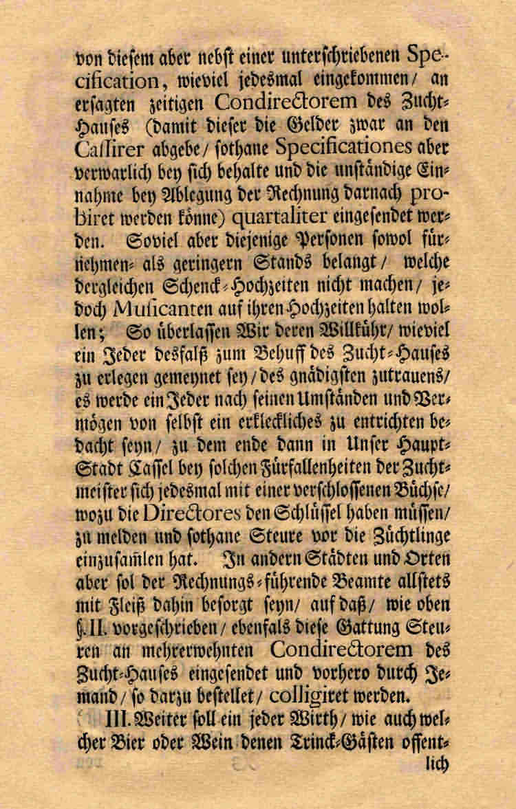 Verordnung König Friedrichs I. v. Schweden über die Erhebung einer Kirmes-, Tanz-, Spielleute- und Kartenabgabe zur Unterhaltung des Zuchthauses in Kassel, 1734 Januar 1./12.