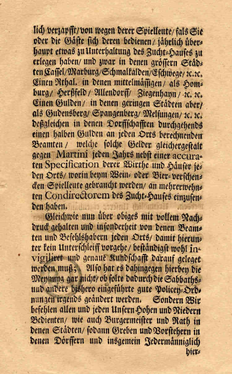 Verordnung König Friedrichs I. v. Schweden über die Erhebung einer Kirmes-, Tanz-, Spielleute- und Kartenabgabe zur Unterhaltung des Zuchthauses in Kassel, 1734 Januar 1./12.