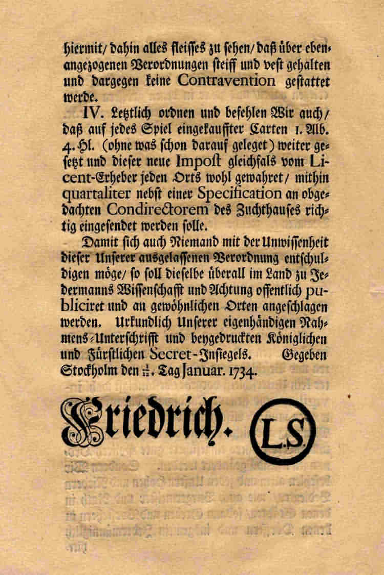 Verordnung König Friedrichs I. v. Schweden über die Erhebung einer Kirmes-, Tanz-, Spielleute- und Kartenabgabe zur Unterhaltung des Zuchthauses in Kassel, 1734 Januar 1./12.