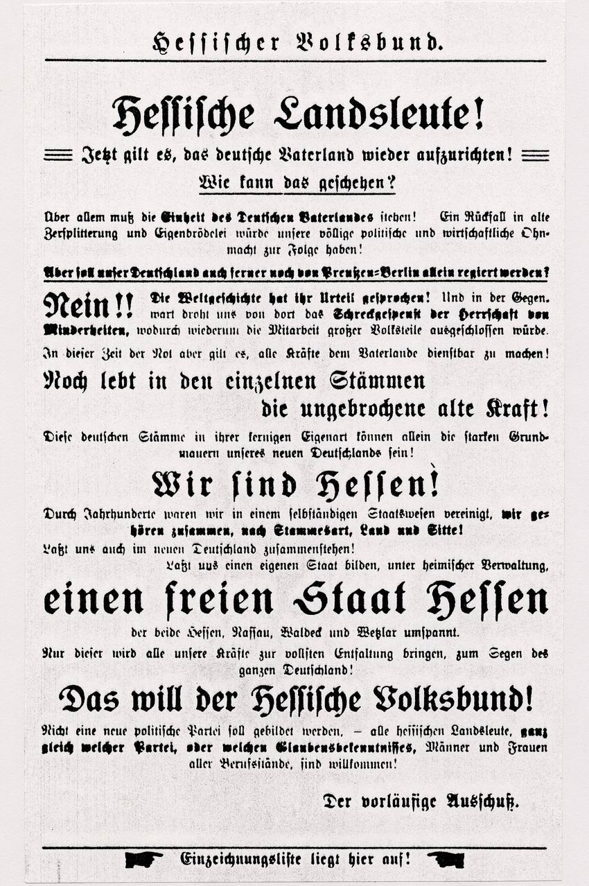 Titelblatt einer Broschüre des Hessischen Volksbundes und Aufruf des Hessischen Volksbundes mit Propagandierung der Bildung von Großhessen, Dezember 1918