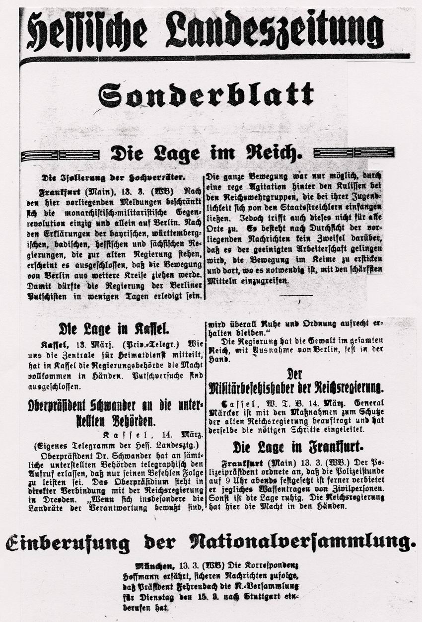 Sonderblatt der Hessischen Landeszeitung über den Kapp-Putsch, März 1920