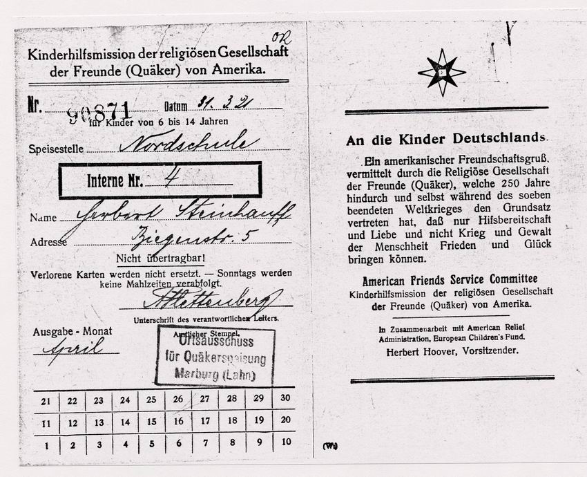 Zwei Rundschreiben der amerikanischen Quäker an die Kinder und die Mütter Deutschlands im September 1920 und Berechtigungsschein eines Schülers für Essen vom 31. März 1921